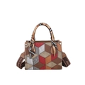 Contrast patchwork crossbody bag with 3D geometric leather patterns and silk scarf handle - Red