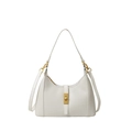 White leaf-embossed faux leather handbag with gold metal clasp and double straps - White