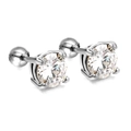 Polished stainless steel four-prong stud earrings with round clear gemstones and screw backs - Silver Round Brilliant (EA63090AS)