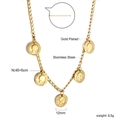 Detail der vergoldeten Edelstahlhalskette mit Münzanhängern und Abmessungen - 12mm Runde Münze Gold Stil (NE2B2301G)
