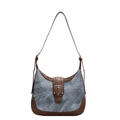 Retro denim crescent bag with brown leather trim and metal buckle on white background - Denim Blue