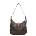 Retro washed denim canvas hobo bag with brown leather trim and silver metal buckle - Dark Brown