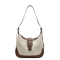 Retro denim-style faux suede hobo bag in cream and brown with adjustable strap - Off White