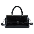 Chic black patent leather rectangular handbag with silver buckle and detachable shoulder strap - Black