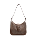 Brown vintage faux denim shoulder bag with leather trim and silver metal buckle detail - Coffee