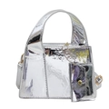 Silver glossy trapezoid handbag with a matching mini pouch and metallic strap detail - Silver