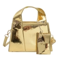 Glossy gold metallic handbag with matching mini coin purse charm and shoulder strap - Gold