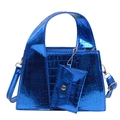 Glossy electric blue faux leather handbag with crocodile pattern and mini matching pouch - Blue