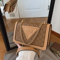 Brown leather square chain bag with monogram M print and gold metal strap detail - Khaki