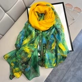 Oil painting style oversized sun protection silk scarf for beach and summer travel - 130x180cm / Dark Green & Yellow Abstract Landscape (B-71)