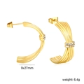 Detailed view of C-shaped gold-plated earrings with vertical texture and pavé crystals - C-Shape Striped Rhinestone Style (EA5D040AG)