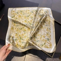 Elegant mulberry silk square scarf with leaf print and green berries on cream satin - 53*53cm / Lemon Yellow