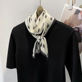 French style white pleated silk scarf with black vintage letters tied on a black sweater - 10*100cm / Beige (YZ-15)