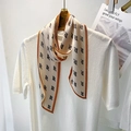 Detail of pleated silk scarf with letter R print and orange trim on white knit top - 10*100cm / Khaki (YZ-15)