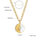Detailed specs of gold plated stainless steel sunburst shell necklace with dimensions - Gold Round Style (NE2B240AG)