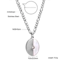 Detailed specs of stainless steel necklace with sunray and white shell pendant - Silver Oval Style (NE2B250AS)