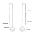 Detailed view of long silver-tone chain earrings with brushed square pendant and dimensions - Silver Square Pendant Style (EA526601S)