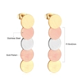 Detail view of tri-color stainless steel layered round earrings with brushed finish - Five-layer Round Disc Tricolor (EA527901M)