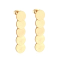 Detail of long gold linear earrings featuring five overlapping brushed circular metal discs - Gold Brushed Style (EA527901G)