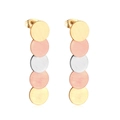 Detailed macro of triple-tone stainless steel drop earrings with brushed texture - Three-color Patchwork Style (EA527901M)