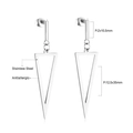 Macro detail of geometric triangular stainless steel drop earrings with dimensions shown - Inverted Triangle-Steel Color(EA527101S)