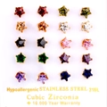 Set of 10 pairs multicolor star-shaped cubic zirconia stud earrings in 316L stainless steel - 6mm Gold Claw Star