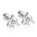 Macro shot of triangle-cut clear crystal stud earrings with polished silver metal backing - Triangle Style (EA602406S) / Silver