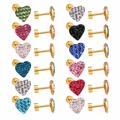 Macro detail of twelve heart-shaped crystal stud earrings in various colors with gold base - Heart Gold Color (EA605509G)