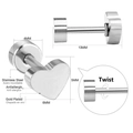 Macro detail of heart-shaped stainless steel stud earring with twist closure and dimensions - Silver