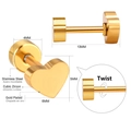 Detailed view of heart-shaped stainless steel gold studs with zircon and size dimensions - Gold