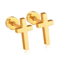 Minimalistische gouden roestvrijstalen kruis oorknopjes met schroefsluiting op wit - Gouden Kruis Stijl (EA608801G)