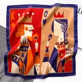 Pañuelo de seda cuadrado con estampado moderno de rey y reina en colores vibrantes - 53cmx53cm / Azul Marino Rojo (ZS-138)