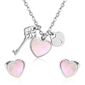 Chic heart and key pendant necklace and earrings set in polished stainless steel - Pink Shell Heart Style (SE221001S)