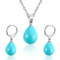 Detail of teardrop sky blue shell pendants with silver stainless steel chain and earrings - Silver Sky Blue Gemstone Style(SE23190DS)