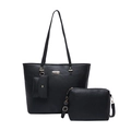 Black 3-piece tote bag set with crossbody bag and coin purse in pebbled leather finish - Black
