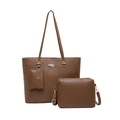 Three-piece brown pebble leather tote bag set including crossbody bag and small pouch - Brown