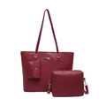 Three-piece tote bag set in burgundy lychee grain leather with gold hardware - Red