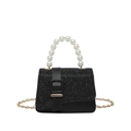 Fashionable mini square bag with pearl handle and golden chain strap in black glitter - Black