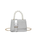 Silver sequin mini square handbag with pearl handle and golden chain shoulder strap - Silver