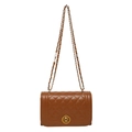 Brown quilted chain bag with gold metal clasp and leather woven strap on white background - Brown