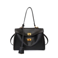 Classic black leather tote bag with gold twist locks and adjustable shoulder strap - Large / Black