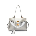 Detail of silver metallic tote bag featuring gold twist lock and fine textured finish - Large / Silver