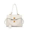 Close-up of cream white leather shoulder bag featuring a gold square twist lock and tag - Large / White