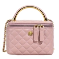 Pale pink quilted leather box bag with gold handle and chain strap on white background - Pink