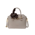 Vintage light gray lychee grain leather tote bag with decorative polka dot scarf wrap - Gray