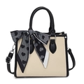 Bolso tote de tejido beige con ribete de cuero negro y pañuelo con corazones - Negro y Blanco
