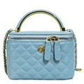 Borsa a scatola trapuntata azzurra con rilievo floreale dorato e manico in metallo - Blu