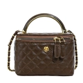 Quilted dark brown bucket bag with gold handle and camellia floral metallic accent - Coffee