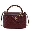 Quilted burgundy vanity bag with golden flower logo and metal handle in a leather finish - Burgundy