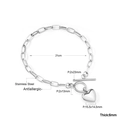 Detaillierte Maße für das silberne Edelstahl-Herzarmband mit 6 mm dicker Gliederkette - Klassisches Armband mit T-Verschluss und glänzendem Herzen (BR236201S) / Silber